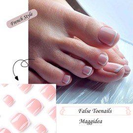 French Style False Toe Nails, Press On Nails for Toe Nails Stick On Nails Full Cover with Glue for Women and Girl DIY at Home Manicure (French-B)
