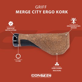 CONTEC Bicycle Grips Merge City Ergo Cork, D3 Tri-Component Rubber, 140 mm, Ergonomic, Breathable, Shock Absorption, G-Link Compatible, Brown, Pair