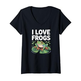 Womens I Love Frogs Cute Frog Design V-Neck T-Shirt