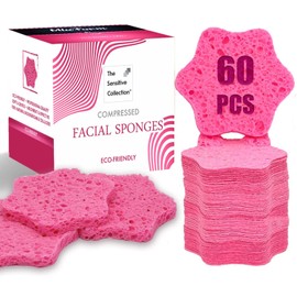 60-Count Compressed Facial Sponges, 100% Natural Cosmetic Spa Sponges for Facial Cleansing, Exfoliating Mask (Pink Flower)