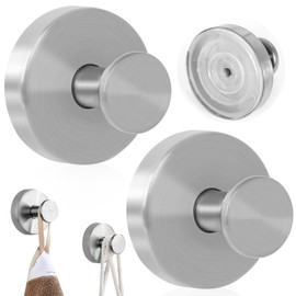 2 Pcs Metal Suction Cup Hooks, Bathroom Vacuum Suction Hooks Heavy Duty for Tower, Stainless Steel Suction Cup Hanger Shower Hooks, No-Drilling Suction Hooks for Tower (Silver)