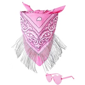 Rhinestone Bandana with Heart Sunglasses,Disco Cowgirl Boy Paisley Pattern Bandanas Face Mask Square Scarf Headwear (Pink)