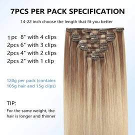 COOKAYU Clip in Hair Extensions Real Human Hair, 10/16/16 Gold Brown to Caramel Blonde Ombre Hair Extensions Clip in Human Hair, 20inch 120g 7Pcs