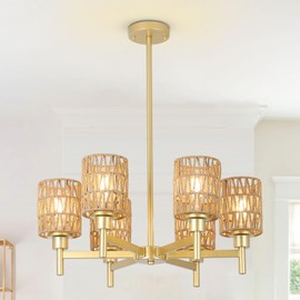 6-Lights Gold Chandelier Light Fixture - Boho Rattan Chandeliers for Dining Room, Farmhouse Kitchen Lighting Fixtures Ceiling, Hanging Pendant lights for Kitchen Island Bedroom Living Room Nursery