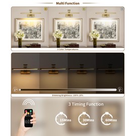 Joossnwell Battery Operated Picture Light with Remote Wireless Art Lights for Paintings Brass Gallery Light Dimmable & Timer Rechargeable Picture Lighting for Wall 15.35 Inch for Artwork Frame