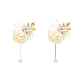 Fiwisora Boutonniere 2PCS Satin Rose Gold Accent Men's Boutonniere Ivory Groom Lapel Pin Flower Bridegroom Boutonniere for Wedding Prom Party Dancing