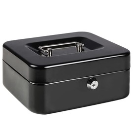 Medium Metal Cash Box with Key Lock Safe and Money Tray for Security,Money Saving Organizer, Parrency Large Money Box with Key Lock，7 4/5" x 6 4/5" x 3 3/5"，Black