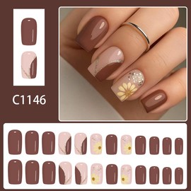 24Pcs Fall Press on Nails Short Square Fake Nails with Design Yellow Daisy Glue on Nails Brown False Nail Striped Glitter Acrylic Nail