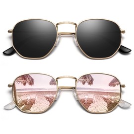 Sunier Sunglasses Women Men Polarised Fashion Apace Polygon Sunglasses Women, Ultralight Hexagonal Metal Frame 100% UV400 Protection, 2Pack-Gold Grey + Gold Pink