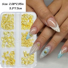 Muorruo 6 Grid Beach Nail Charms, Golden Shell Nail Rhinestones, 3D Starfish Nail Jewels and Charms in Various Shapes, Ocean-Style Nail Decorations
