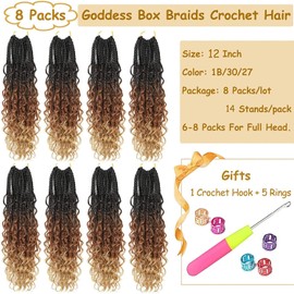 Goddess Box Braids Crochet Hair for Black Women 12 Inch 8 Packs Boho Crochet Braids with Curly Ends Pre Looped Bohemian Knotless Short Crochet Boho Braids Mermaid Box Braids Crochet Hair (1B/30/27)