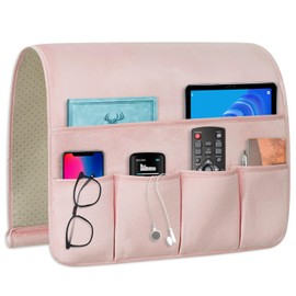 WETRBWEH Remote Control Holder for Armchair，Couch Caddy Organizer TV Remote Holder for Bed Storage 5 Pockets，Remote Caddy Bedside Organizer Bedside Table Organizer (Pink, 35''x18'')