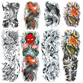 Yesallwas Tattoo Stickers, Carp, Lotus Flower, Japanese Pattern, Tattoo Sticker, Realistic, Large, Waterproof, Long-Lasting, Japanese Tattoo, Body Stickers, Children, Men's, Women's, 5.9 x 8.3 inches (15 x 21 cm)