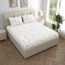 LINENWALAS 100% Cotton Percale Double Size Fitted Sheet Only, Printed All Around Elastic Deep Pocket up to 40 cm Premimum Bottom Fitted Bed Sheet 140x190 CM (Double, Crimson Flower)