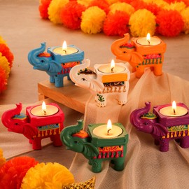 Mumufy 6 Pcs Diwali Return Gifts for Pooja Elephant Tealight Candle Holder Resin Tea Light Holder for Home Decor Diwali Decoration Puja Traditional Indian Deepawali Housewarming Return Gift Item