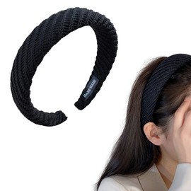 Padded Knitted Wide Headbands for Women Girls Chunky Sponge Hairbands Thick Puffy Head Band Vintage Puffy Knit Headbands for Women Christmas Party Headbands Hair Accessories