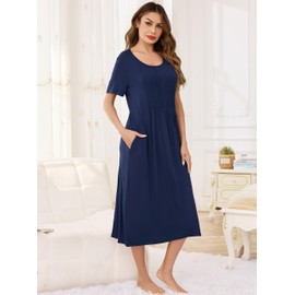 Wikoan Women's Long Nightdress Short Sleeve Baggy Nightdies Plus Size Nightshirt Pleated Chest Nightgown Casual Sleepwear with Pockets,Navy Blue,M