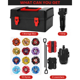 DEZAWRTY X Spinning Tops Set, 12 Battling Tops with 3 Launchers & 1 Grip, Gyro Toy Kit with Portable Storage for Children Aged 6 for Boys