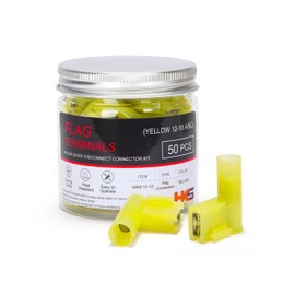 HKS 50 PCS Flag Spade Terminals 90 Degree Female - Yellow 12-10 AWG - Nylon Quick Disconnect Wire Connector - Right Angle - Crimp Insulated