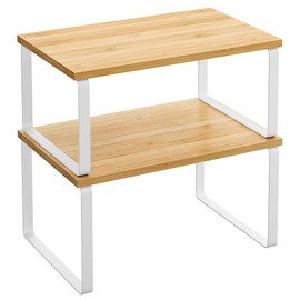 SONGMICS Cabinet Organizer Shelf, Set of 2 Kitchen Counter Shelves, Kitchen Storage, Spice Rack, Stackable, Expandable, Metal and Engineered Wood, Cloud White and Natural Beige UKCS02NW