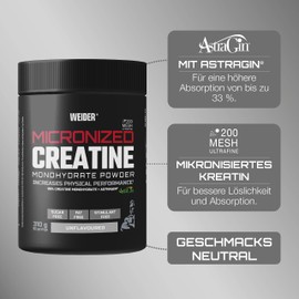 Weider Micronized Creatine Monohydrate Powder (310 g) Tasteless 99% Creatine Monohydrate 200 Mesh Ultra Fine with AstraGin, No Sugar, Vegan, Increases Physical Performance (90 Servings)