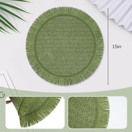 6 Pack Sage Green Round Burlap Placemats 15 Inch Boho Braided Jute Placemats with Fringe Edge Rustic Farmhouse Woven Table Mat Heat Resistant Reusable for Kitchen Wedding Party Dining Table Decor