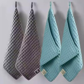 Barista Cleaning Towel Set with Hooks for Easy Storage - Soft, Highly Absorbent Microfiber Cloth for Cleaning Espresso Machine, Steam Wand, Grinder and Coffee Bar Countertop - Square Waffle Weave