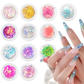 XEAOHESY 12 Boxes Gradient Aurora Glass Paper Nail Sticker Foil Nail Art Holographic Multi-Color Glass Reflective Mirror Design Broken Glass Stripe Line Nail Decals Cellophane Films(Color 21#-32#)