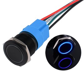 JIQI 22 mm Pressure Switch 12 V to 24 V 5 A Waterproof Latch Switch Made of Aluminium Alloy IP66 1NO1NC Pre-Wired Locking Black Push Button with LED Light for Motorcycle Boat Truck RV (Blue)