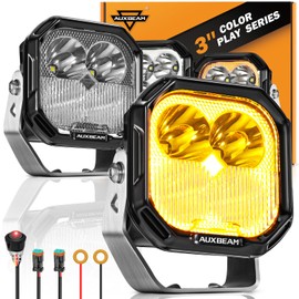 Auxbeam Color Play Series Spot Flood Combo Beam 3 Inch 100W LED Pod Light with DRL & Turn Signal Amber/White Swappable Cover 4WD Off-Road Lighting Auxiliary Work Light Fog Ditch Light