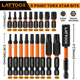 19-Pieces 5 Point Star Torx Bit Set, LATTOOK Security Tamper Proof Torx Driver Bit Set, Magnetic S2 Steel, 2.3'' & 1'' Long, T10, T15, T20, T25, T27, T30, T40, T45, T50