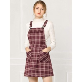 Allegra K Women's Adjustable Strap Above Knee Plaid Printed Overall Dress Suspender Skirt X-Large Red