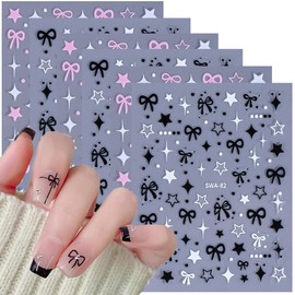 6 Sheets Bow Star Nail Art Stickers Decals Self-Adhesive 3D Nail Art Supplies Black Pink White Cute Bow Nail Art Design Decoration Accessories Star Nail Decals for Women Girls Manicure DIY