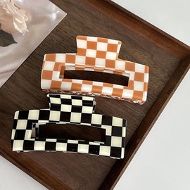 3 Pack Checkered Hair Claw Clips, Large Checker Hair Catch Barrettes 4inch Hair Clamps Cute Hair Claw Hair Clips Hair Accessories for Thick Thin Hair for Women Ladies