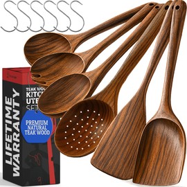 PriorityChef Premium Wooden Spoons for Cooking - 6pc Smooth Finish Teak Wooden Utensil Set with Hanging Hooks, Heat-Resistant & Nonstick Safe, Ideal for Gifting