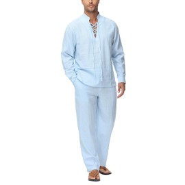 Lamgool Mens 2 Pieces Cotton Linen Set Long Sleeve Shirts Casual Drawstring Yoga Pants Summer Beach Wedding Outfits