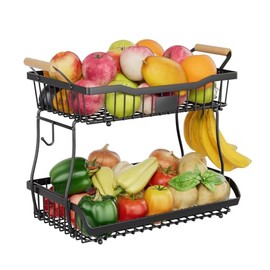 Simple Trending 2 Tier Fruit Basket with 2 Banana Hangers, Fruit Vegetable Basket Bowl with Wooden Handle, Kitchen Counter Metal Wire Fruits Storage for Bread Snack Veggies, Black