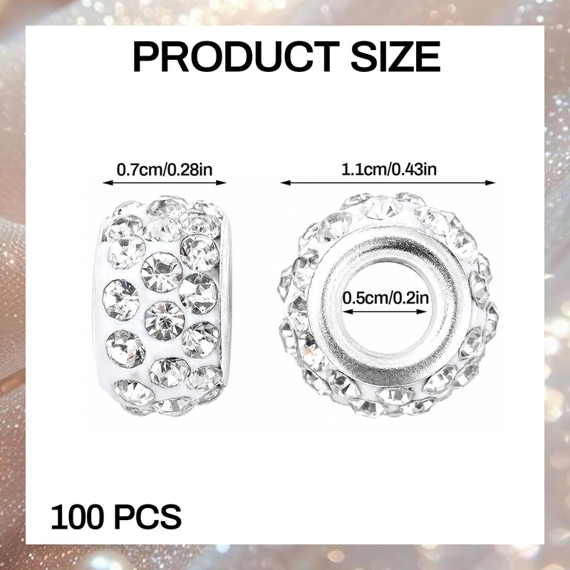 100PCS Rhinestone European Beads, Crystal and Polymer Clay Large Hole