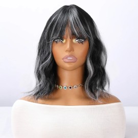 Smilco 2025 New 14-inch Black and White Gradient Highlights Wave Head Highlights Ladies Wig Hair Tail Micro Volume Natural Bangs SM493color: Black and white gradient pick, Stretched Length: 14 in
