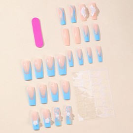 MAOTTIE French Tip Press on Nails Long Square Fake Nails 3D White Flowers Pearl Glue on Nails Light Blue Translucent Acrylic Nails Extra Long Swirl False Nails Summer Stick on Nails for Women 24 Pcs