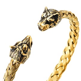 COOLSTEELANDBEYOND Mens Wolf Head Bracelet Steel Braided Cable Bangle Cuff Bracelet Gold Black, Adjustable