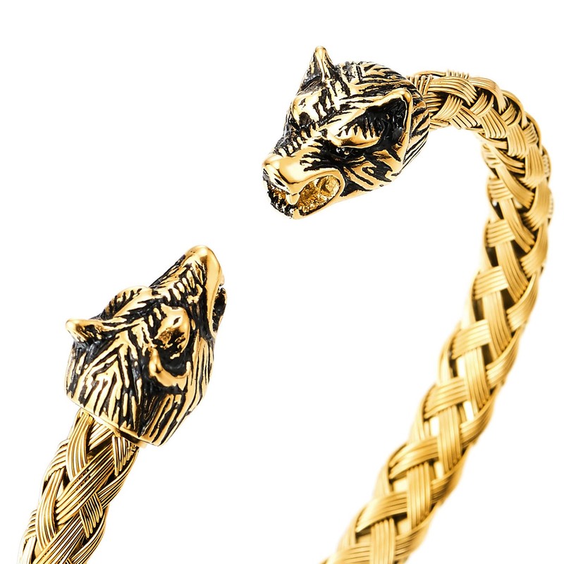 COOLSTEELANDBEYOND Mens Wolf Head Bracelet Steel Braided Cable Bangle Cuff