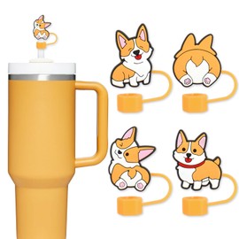 Whaline 4Pcs Corgi Straw Cover Cap Cute Dog Reusable Silicone Straws Topper Animal 10Mm/0.4Inch Straw Tip Lid Protector for 30/40 O z Tumbler Cup Accessories