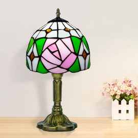 Nileatry Tiffany Style Table Lamp,Small Stained Glass Lamp,8x14 Inches Antique Art Deco Lamp,Pink Rose Tiffany Nightstand Lamp,for Bedroom Living Room Home