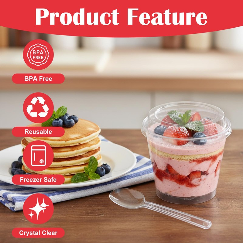 50 Pack 6 oz Plastic Dessert Cups with Lids and