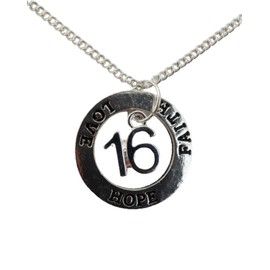 Silver Plated Necklace Birthday Anniversary Number 16 Charm Love Hope Faith Circle