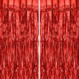uxcell 5 Pcs Red Fringe Curtain Party Streamers (3.3ft x 6.6ft) Shiny Metallic Tinsel Streamers Birthday Party Backdrop Decor for Holiday Celebration Party Decorations
