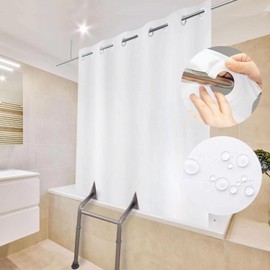 Tybraf White Split Shower Curtain for Bath Transfer Benches, Polyester Fabric Bathroom Curtain, No Hooks Bath Curtain, 80 x 80inch, Tybraf80 …