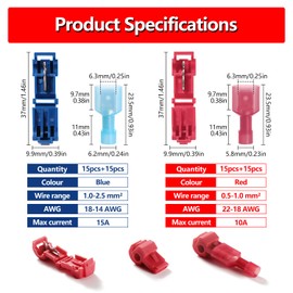 YIXISI 60 PCS (30 Pairs) T-Tap Electrical Wire Connectors, Assortment Kit of Quick Splice Self-Stripping Wire Terminals with Nylon Fully Insulated Male Spade Quick Disconnect, Red and Blue