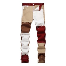 WDIRARA Men's Color Block Cowboy Pants Straight Leg Jeans Distressed Frayed Denim Pant Brown 38